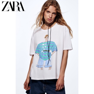 เสื้อยืดผ้าฝ้ายพิมพ์ลาย Zara ใหม่ เสื้อยืด คอกลม แขนสั้น พิมพ์ลาย สําหรับผู้หญิง 5644093 250
