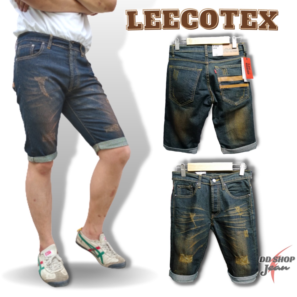 ภาพหน้าปกสินค้าLEECOTEX กางเกงยีนส์ขาสั้น ยีนส์ยืด กระเป๋าหลังคาดแถบหนัง ฟอกสีสนิม​ ขาสั้นชาย​ ยีนส์ขาสั้น​