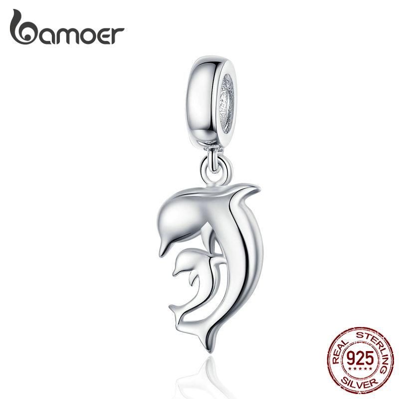 BAMOER Pendant Charm for Bangle And Necklace Making Authentic 925 Sterling Silver Mom and Baby Dolphin SCC1206