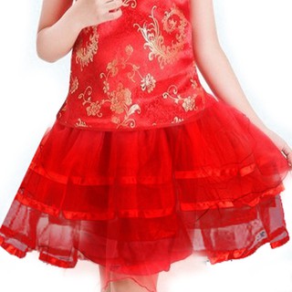กระโปรงเด็กหญิง ทำจากผ้าโปร่ง มีซับใน เอวยืดได้เยอะ ทรงระบายเป็นชั้นๆ : สีแดง : size M (0-1ขวบ) #CNY48R