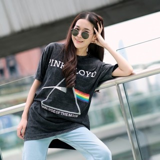 【100% cotton】เสื้อยืดผ้าฟอก PINK FLOYD สีดำ แขนสั้น OVERSIZE (ยืดฟอก/พิงฟอยสามเหลี่ยม)