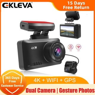 Ekleva กล้องบันทึกวิดีโอ 4K DVR Ultra HD 2160P Gesture APP GPS Track WiFi มองเห็นกลางคืน รองรับกล้องหลัง 1080P สําหรับติดรถยนต์