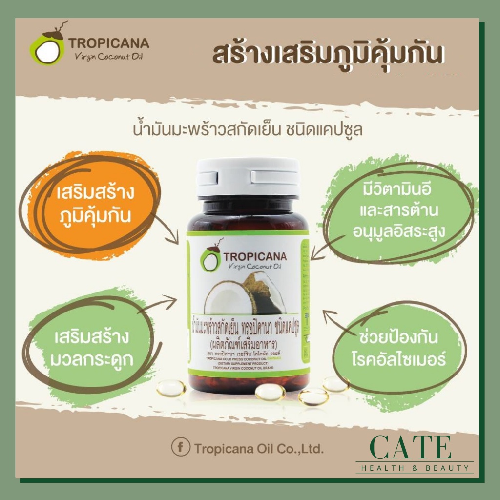 ภาพสินค้าน้ำมันมะพร้าวสกัดเย็น Tropicana Virgin Coconut Oil น้ำมันมะพร้าวสกัดเย็น ชนิดแคปซูล 60 แคปซูล จากร้าน cate.shop บน Shopee ภาพที่ 2