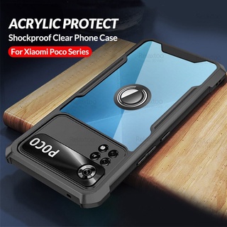 Acrylic Back Clear Case For Xiaomi Poco X4 Pro 5G M4 Pro 4G Poko Pocco M X 4 NFC X4Pro M4Pro Camera Protection Ring Stand Coque