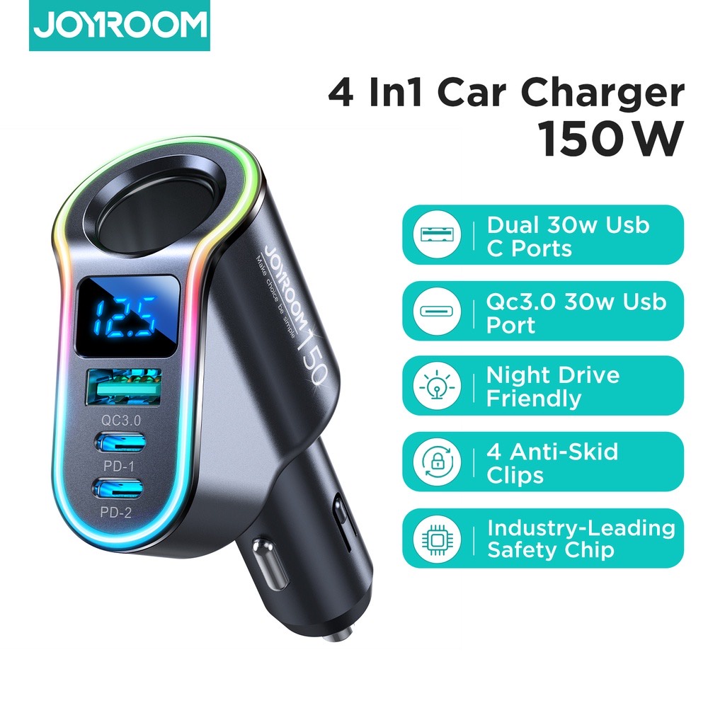 joyroom-ที่ชาร์จในรถยนต์-150-w-พร้อมที่จุดบุหรี่-usb-type-c-usb-ใช้ได้กับโทรศัพท์ทุกยี่ห้อ-jr-cl21