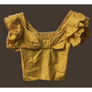 เสื้อครอปมัดโบหน้า ผ้าชีฟองแขนสั้นจั้ม เอวลอยครึ่งตัว สีเหลือง_เสื้อมือสอง