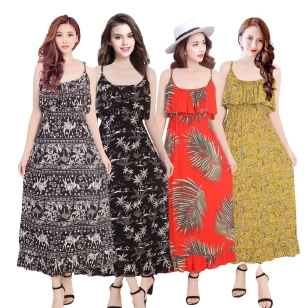 เดรสยาวสายเดี่ยวช่วงอกเป็นผ้าระบาย-เอวสม็อคยืดกระชับสัดส่วนผ้านิ่มใส่สบาย