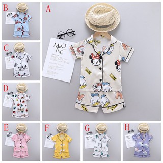 ✨ Kimi ๑ Baby Kids Pajama Boys Girls Cartoon Print Sleepwear   Set Short Sleeve Blouse Tops+Shorts 2Pcs Sets Pajamas Nightwear