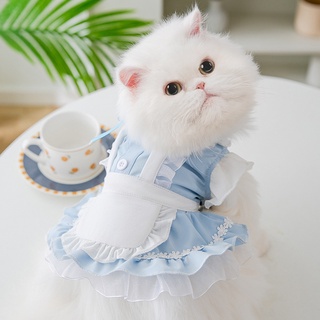 ชุดเดรสแม่บ้าน แต่งริบบิ้นโบว์ แต่งลูกไม้ แบบบาง แฟชั่นฤดูใบไม้ผลิ สไตล์เจ้าหญิง สําหรับแมว