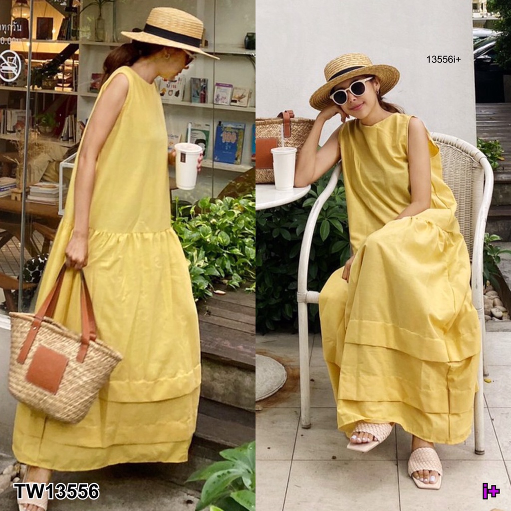 tw13556-maxi-dress-เดรสยาว-แขนกุด-สไตล์โคเรีย-รูดน้อยๆช่วงต่ำกว่าเอว-ทรงปล่อย-ตีเกล็ดช่วงชายกระโปรง-เนื้อผ้าลินิน