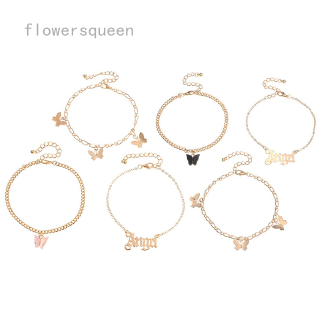 flowersqueen Fashion Butterfly Chain Anklets Set For Women Multilayer Butterfly Angel Letter Foot Bracelet Jewelry
