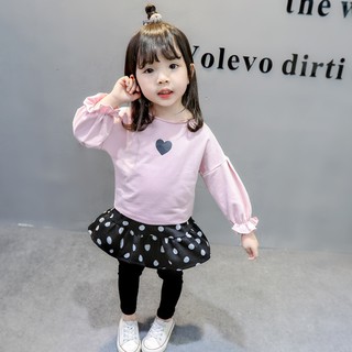 ✅พร้อมส่ง✅ ชุดเซตเสื้อแขนยาวสีชมพูลายหัวใจ กางเกงกระโปรงสีดำ