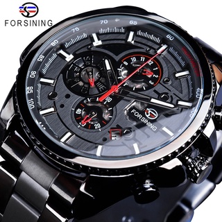 Forsining Three Dial Calendar Display Black Stainless Steel Men Automatic Wrist Watch Top Brand Luxury Military Sport Ma