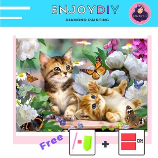 ครอสติสคริสตัล 5d diy diamond painting แบบเม็ด ลาย แมวเล่นผีเสื้อ ติดเต็ม เม็ดกลม EnjoyDIY พร้อมส่งจากไทย