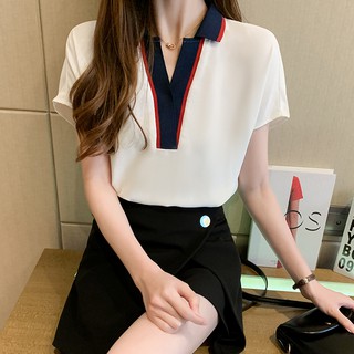 เสื้อชีฟองคอวีแขนสั้นสีขาวสีน้ำเงินสไตล์เกาหลี 2020