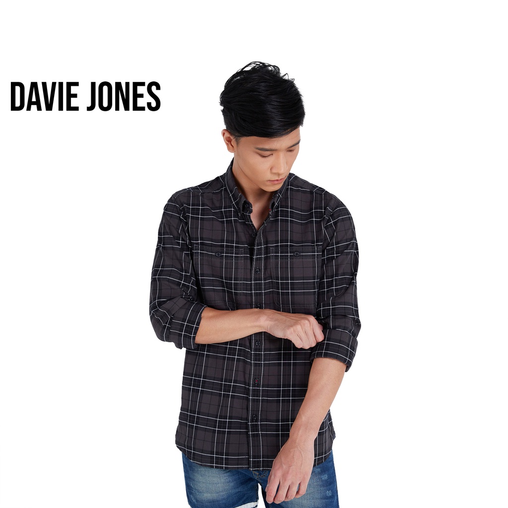 davie-jones-เสื้อเชิ้ต-ผู้ชาย-แขนยาว-ลายตาราง-ลายสก็อต-สีเทา-long-sleeve-plaid-shirt-in-grey-sh0100gy