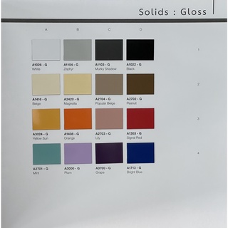 แผ่นลามิเนต Arborite สีพื้น Solid Colors in Gloss ผิวมันเงา ขนาด 120 x 240 ซม. หนา 0.7 มม. มีหลายสีให้เลือก