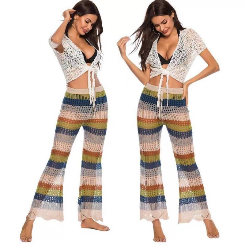 ภาพสินค้าCrochet pant กางเกงถักโครเช ผ้าทอสลับสีทรงขาม้านิดๆ เนื้อผ้าทอใส่สบาย ต้อนรับ summer ใส่กับ Bikini จากร้าน onammy998 บน Shopee ภาพที่ 3