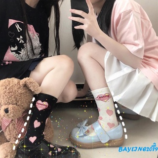 Bay-ถุงเท้าหนังพิมพ์ลายหัวใจน่ารักสไตล์ญี่ปุ่นสําหรับผู้หญิง