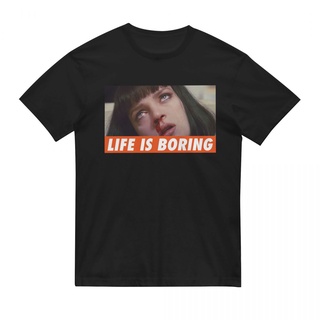 เสื้อยืดคอกลม แขนสั้น ผ้าฝ้าย พิมพ์ลาย Life Is Boring Pulp Fiction Mia Wallace สําหรับผู้ชาย