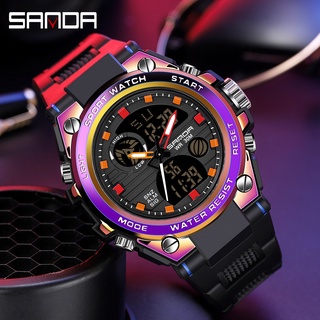 Sanda นาฬิกาข้อมือสปอร์ต หน้าจอคู่ LED กันน้ํา สไตล์ทหาร หรูหรา สําหรับผู้ชาย