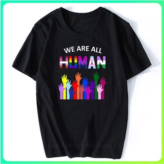 เสื้อยืดผ้าฝ้ายพิมพ์ลายคลาสสิกเสื้อยืดคอกลม แขนสั้น ผ้าฝ้าย % พิมพ์ลาย We Are All Human Lgbt Les Rainbow Hipster สไตล์คล