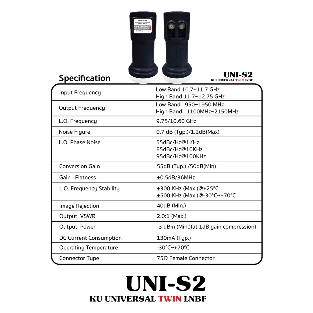 หัวรับสัญญาณthaisat-lnbf-ku-2-ขั้ว-universal-twin-uni-s2-สำหรับรับสัญญาณดาวเทียม-ในระบบ-ku-band-universal-universal2