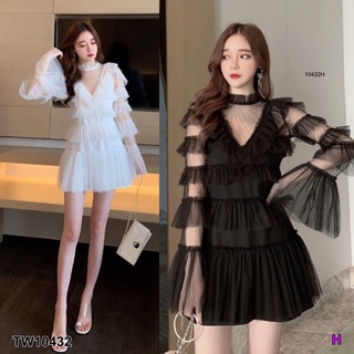 TW10432Dress 2 ชิ้น เดรสตาข้ายแขนยาว ระบายชั้นๆ ทั้งตัว มีซิปหลัง มาพร้อมเดรสสายเดี่ยวตัวซับใน