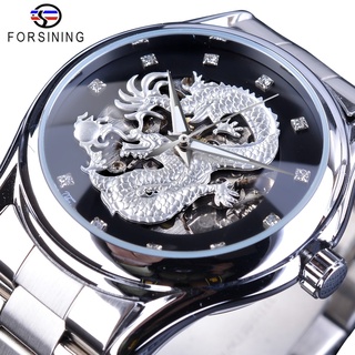 Forsining Classic Dragon Design Silver Stainless Steel Diamond Display Men Automatic Wrist Watches Top Brand Luxury Mont