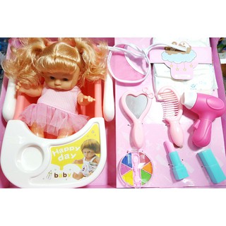 firstbuy_ตุ๊กตาเด็กผู้หญิง รุ่นเปลโยกได้จริง พร้อมแพมเพิส และอุปกรณ์อื่น (สีชมพู ) น่ารัก