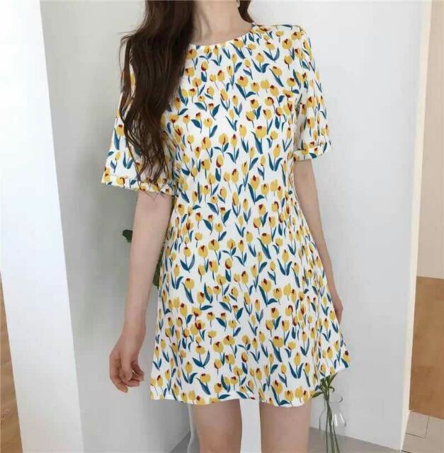 mini-dress-ผ้าหางกระรอกพิมพ์ลายดอกทิวลิปสีเหลืองน่ารักๆค่ะ