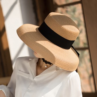 สินค้า หมวกสาน ทรงอ่าง พร้อมโปว์สีดำ กันแดด กันUV หมวกผู้หญิง หมวกแฟชั่น