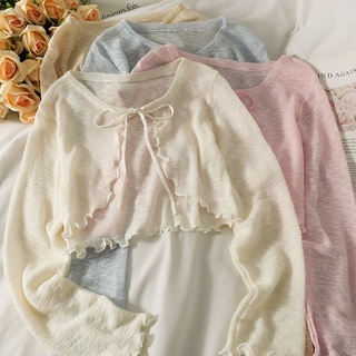เสื้อกันหนาวแขนยาว ผ้าถัก ประดับโบว์ แต่งหูสั้น ผ้าเบาสบาย สําหรับผู้หญิง