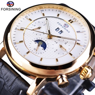 Forsining White Golden Moon Phase Design Calendar Display Fashion Luxury Genuine Leather Men Automatic Watches Top Brand