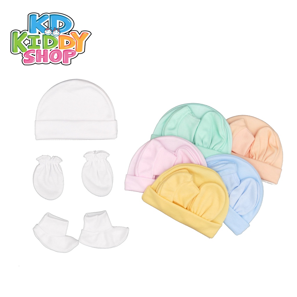 ภาพหน้าปกสินค้าลด 0.-  เซตหมวก ถุงมือ ถุงเท้าเด็กแรกเกิดครบเซ็ต ผ้าสีไม่ปัก เลือกสีได้ made in Thailand จากร้าน kd_kiddy_shop บน Shopee