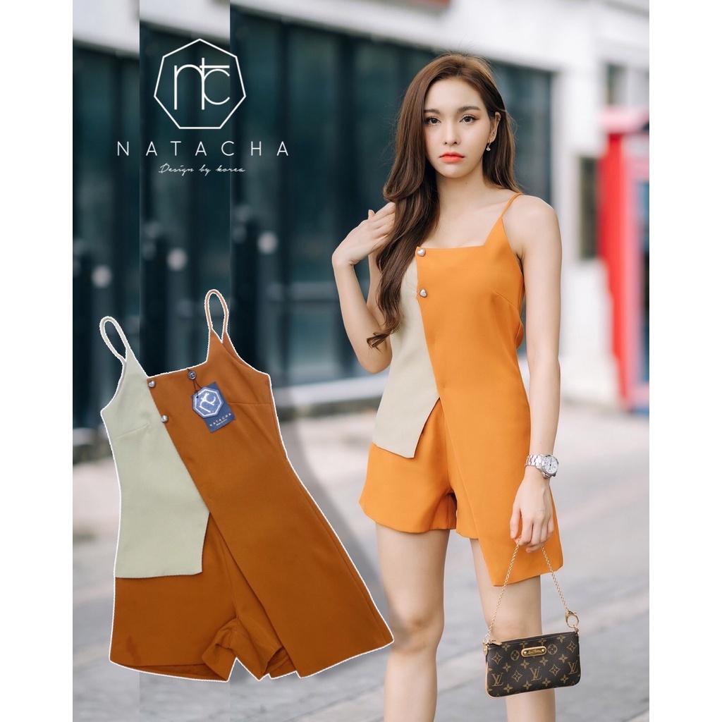 natacha-set-เสื้อสายเดี่ยวทูโทนสั้นยาวแต่งกระดุมหัวใจมุก-2-เม็ด-แมตกางเกงขาสั้น-เนื้อผ้าสวยงานอย่างดีค่า-สวยทั้ง-2-สี