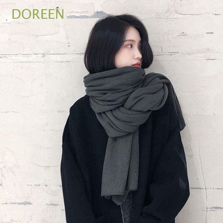 Doreen ผ้าพันคอ ผ้าวูลถัก แบบหนา ให้ความอบอุ่น สีพื้น แบบเรียบง่าย แฟชั่นฤดูใบไม้ร่วง และฤดูหนาว สไตล์เกาหลี สําหรับผู้หญิง และผู้ชาย