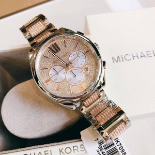 (ผ่อน0%) นาฬิกา Michael kors Janelle pave glitz watch MK7098 size 42 mm สแตนเลส สีทูโทน เงิน โรสโกลด์