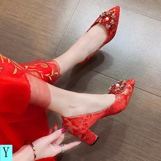 รองเท้าส้นสูง ส้นหนา ประดับพลอยเทียม สีแดง สไตล์จีน สําหรับผู้หญิง เจ้าสาว 2021