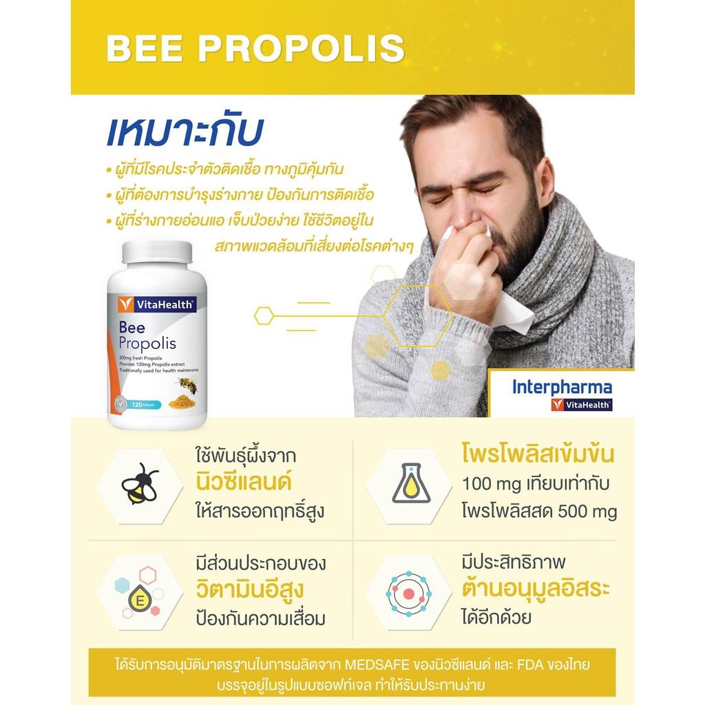 ภาพสินค้าBee Propolis 60soft สารสกัดจากโพรโพลิส100มก.เสริมภูมิคุ้มกัน จากร้าน tongdeepesat บน Shopee ภาพที่ 4