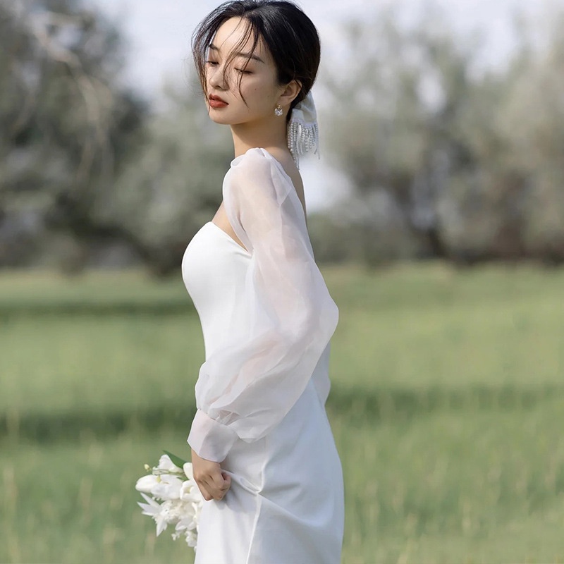 ชุดแต่งงานผ้าซาตินเกาหลี-แฟชั่นเรียบง่าย-ใหม่-จดทะเบียนเจ้าสาว-แต่งงาน-ฮันนีมูน-ท่องเที่ยว-ชุดเดรสสีขาว