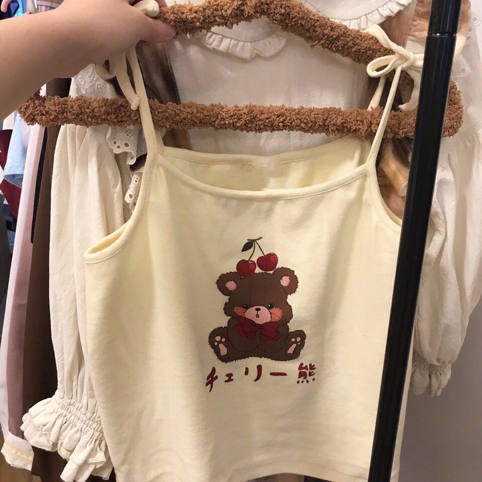 tens-ฤดูร้อนสไตล์ใหม่สาวญี่ปุ่นหมีน่ารักพิมพ์ลูกไม้ด้านในและด้านนอกเสื้อชั้นในสตรีสั้นบาง