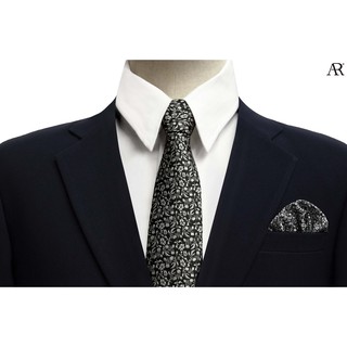 ANGELINO RUFOLO Set Necktie(เนคไท)+Pocket Square(ผ้าเช็ดหน้าสูท) ผ้าไหมทออิตาลี่คุณภาพเยี่ยม ดีไซน์ Flower สีเงิน/สีทอง