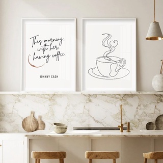 โปสเตอร์ภาพวาดสีกาแฟ บนผ้าใบ สไตล์นอร์ดิก มินิมอล สีดํา และสีขาว สําหรับตกแต่งผนัง คาเฟ่ ห้องครัว