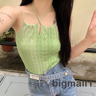 Bigmall- เสื้อครอปท็อป สายสปาเก็ตตี้ ผ้าถัก คอยู สีพื้น สําหรับผู้หญิง