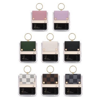 Galaxy Z Flip 2 Flip 3 Flip 4 5G Clear case with Leather Ring / hinge cover finger keyring strap holder green pink black korea flip4