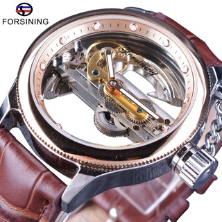 Forsining Rose Golden Bezel Brown Leather Belt Full Transparent Case Men Automatic Skeleton Wrist Watch Top Brand luxury