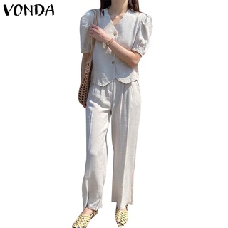 สินค้า Vonda ชุดเสื้อเบลาส์แขนสั้น คอวี ติดกระดุม และกางเกงขายาว เอวสูง ทรงตรง สไตล์เกาหลี สําหรับผู้หญิง