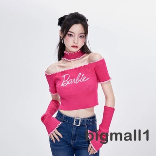 Bigmall- เสื้อยืดแขนสั้น เปิดไหล่ พิมพ์ลายตัวอักษร และสะดือ สําหรับผู้หญิง