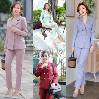 ฺB17707 Set 2 ชิ้นเซตสูทขายาว คอปกหยัก Set of 2 pieces. Long-sleeved suit set with notched collar.